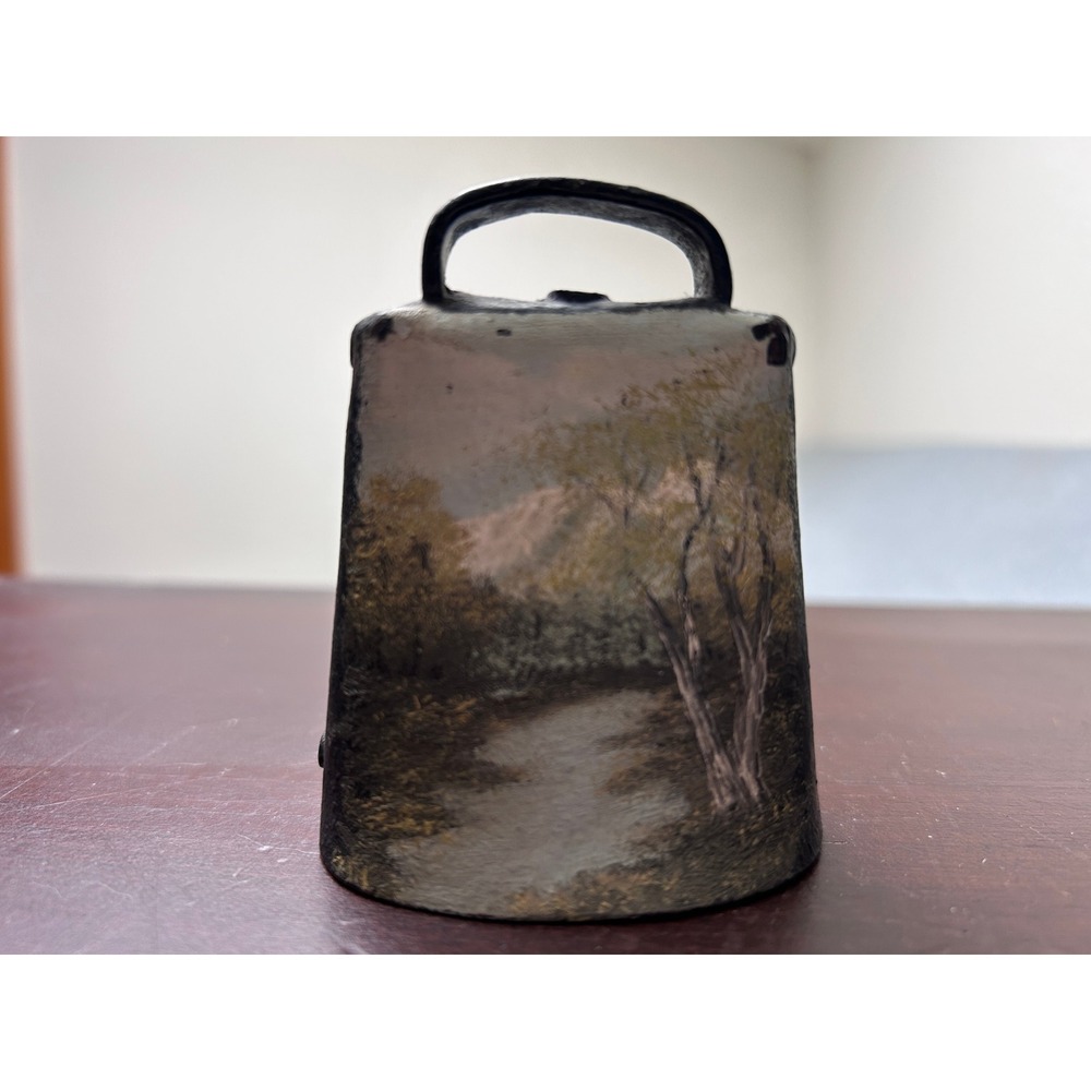 Vintage Hand Painted Metal Cowbell Rustic Landscape Scene Folk Art Decor